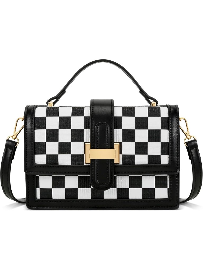 Women's Black White Crossbody Top Handle Handbag Adjustable Shoulder Purse